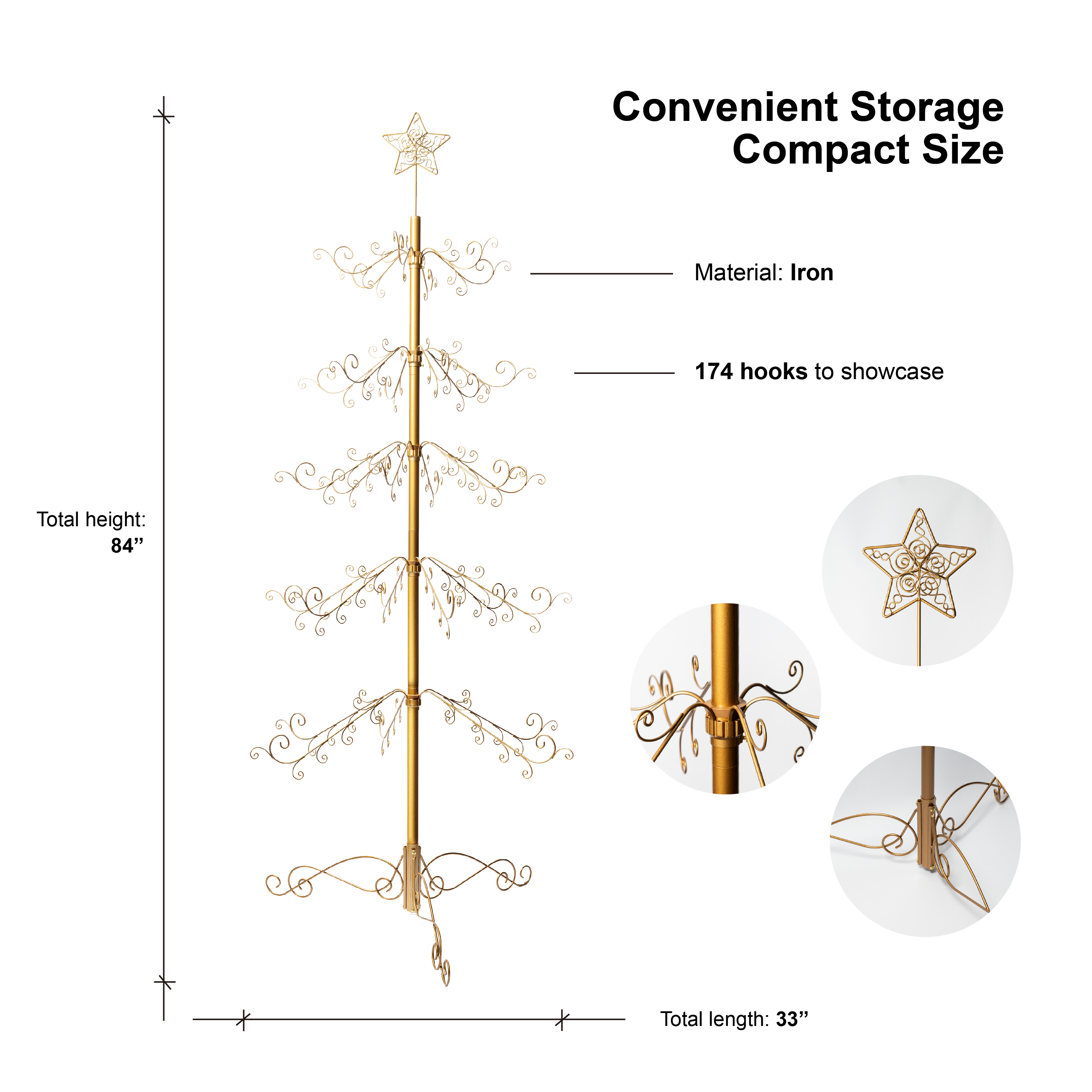 HOHIYA  6.5 Feet Wrought Iron Christmas Tree Alternative Metal Ornament Display Stand with 174 Hooks Extra Large Floor Standing ECO Xmas Tree for Keepsake Collections Gold